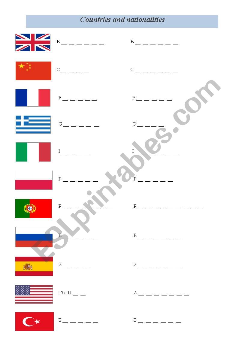 Countries and nationalities worksheet