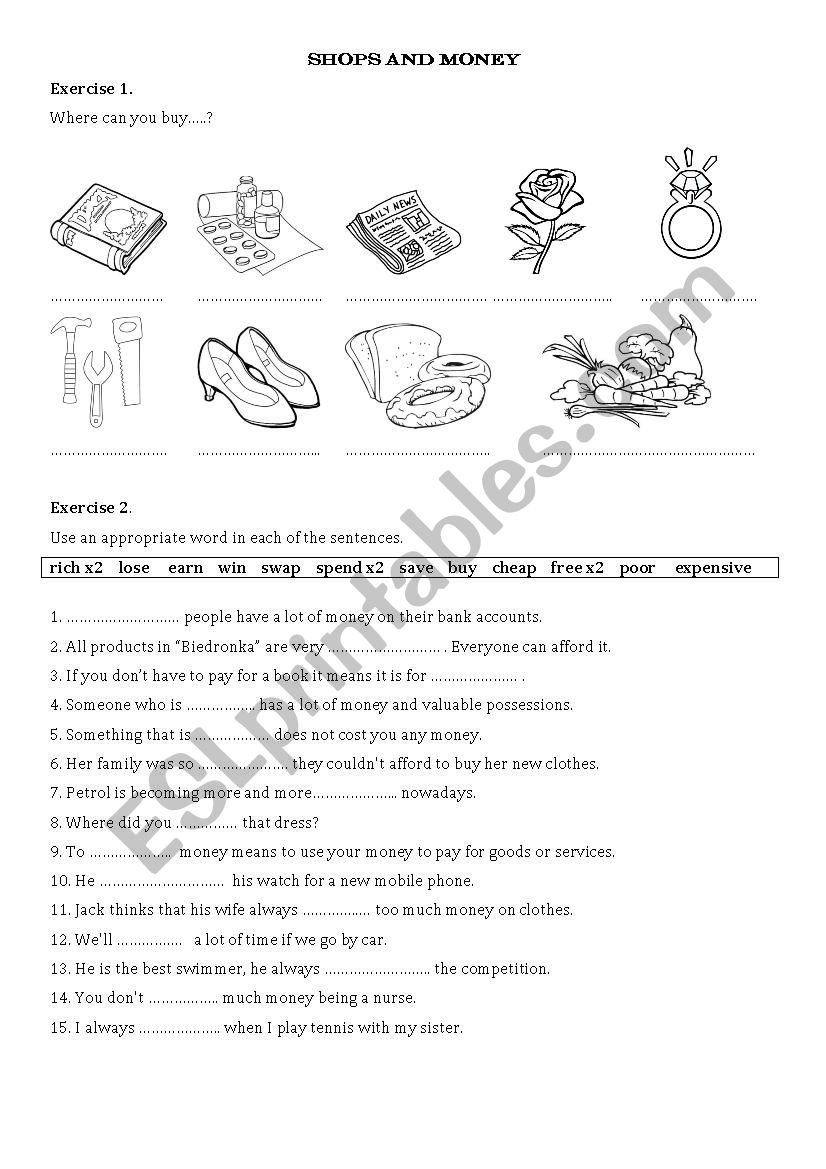 Shops and Money worksheet