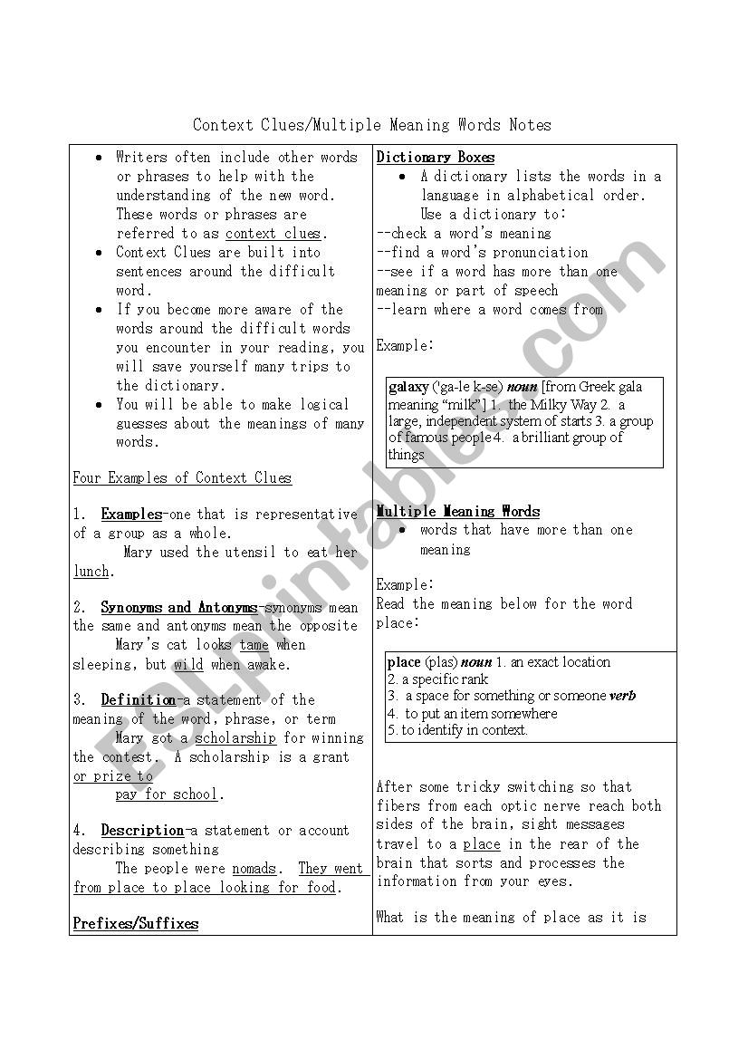 Context Clues Notes worksheet