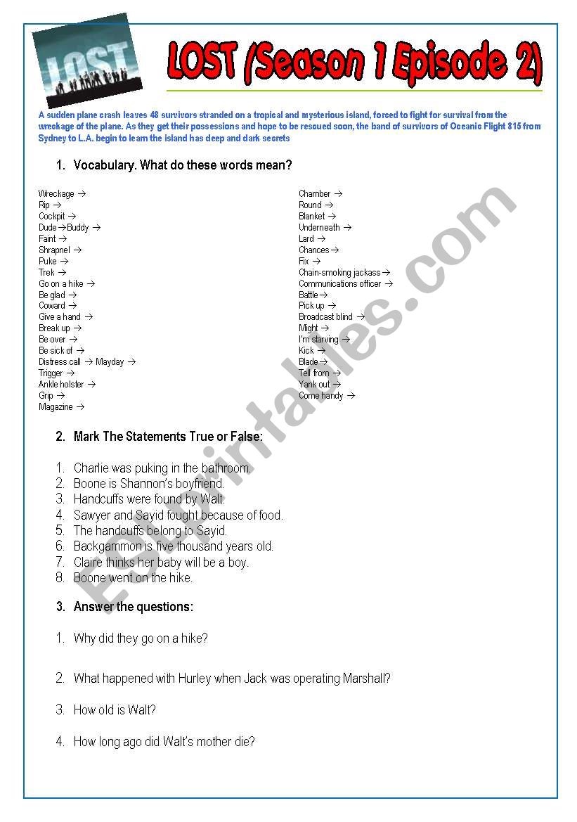 Lost. Season 1. Episode 2 worksheet