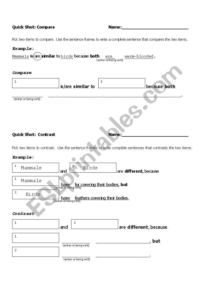 Compare and Contrast Sentence Frames half pages