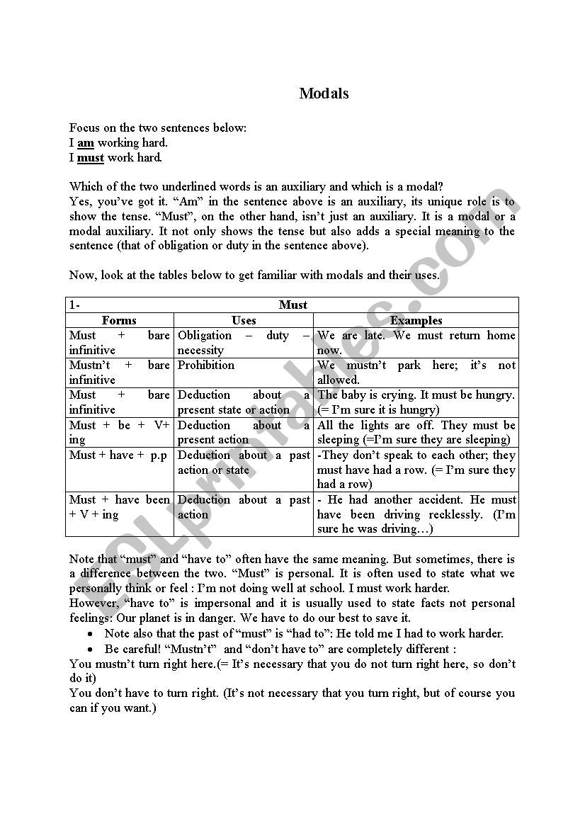 Modals worksheet