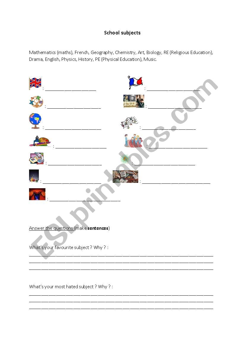 School subjects worksheet