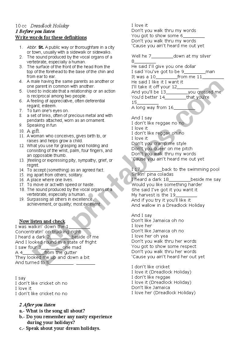 Dreadlock Holiday  10cc worksheet