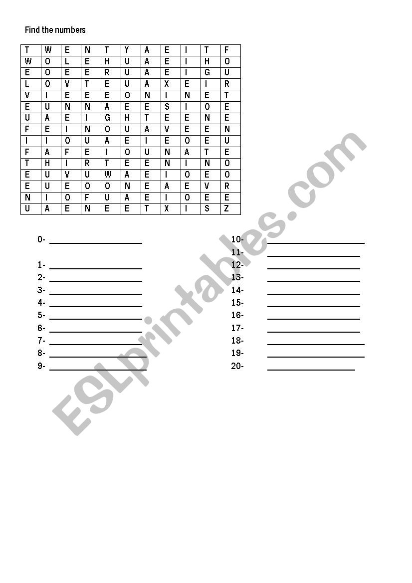 Find the numbers (1-20) worksheet