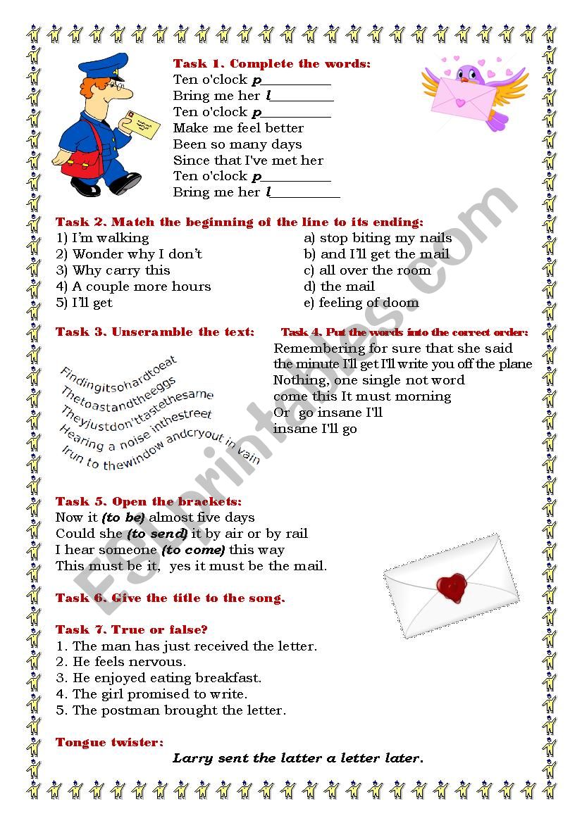 Ten oclock postman (song) worksheet