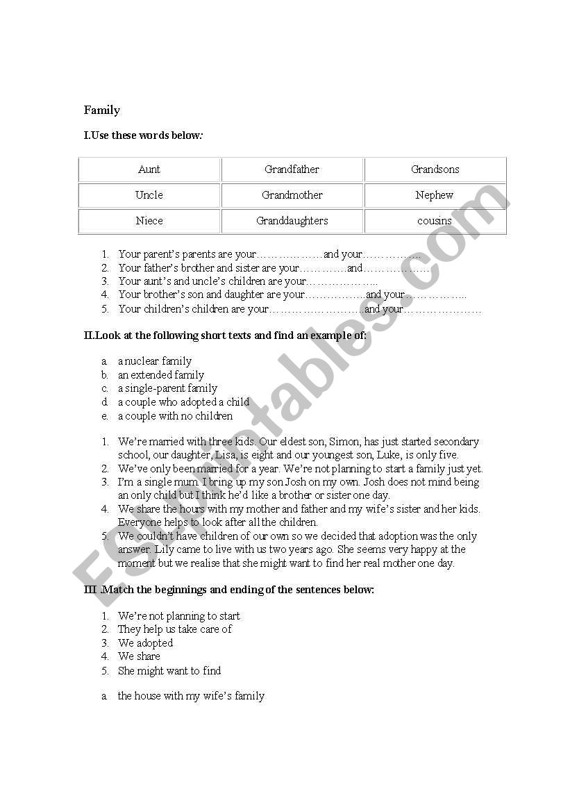 family members worksheet