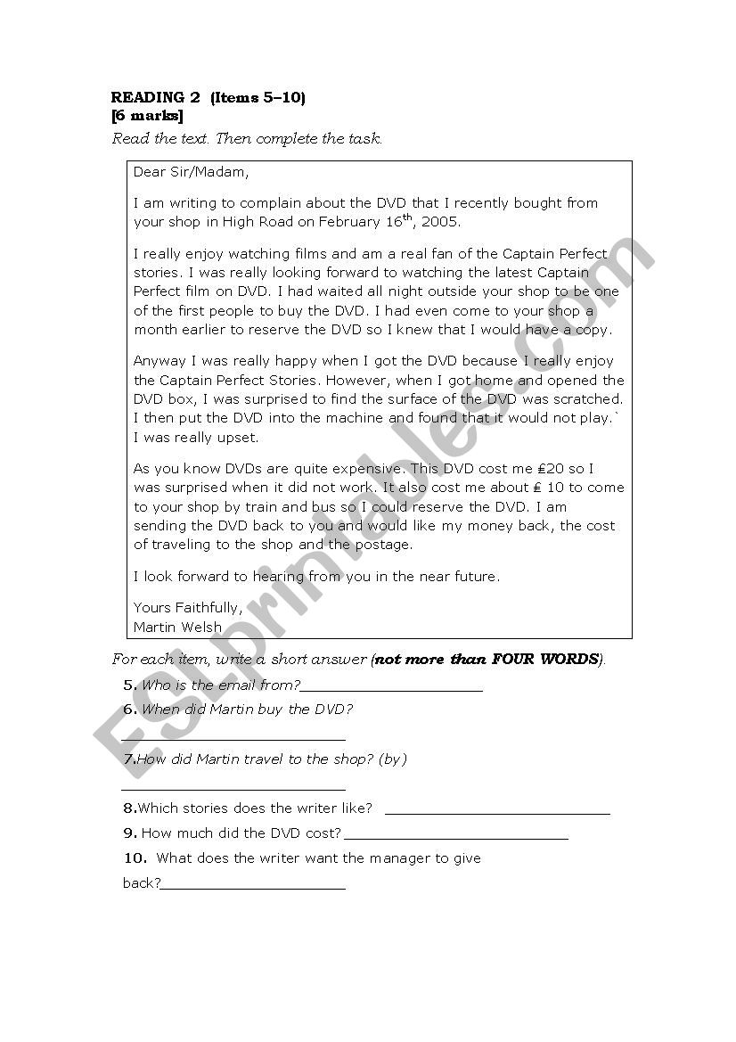 Reading worksheet