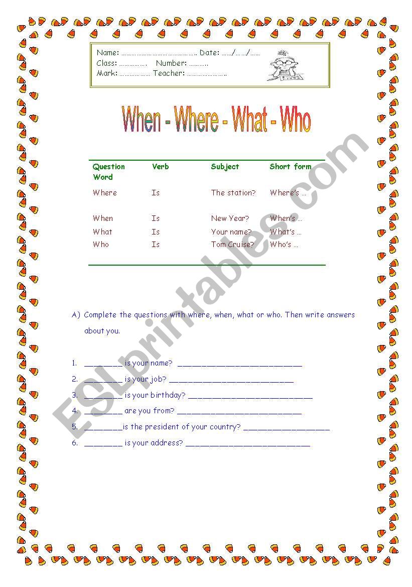 When / Where / What / Who worksheet