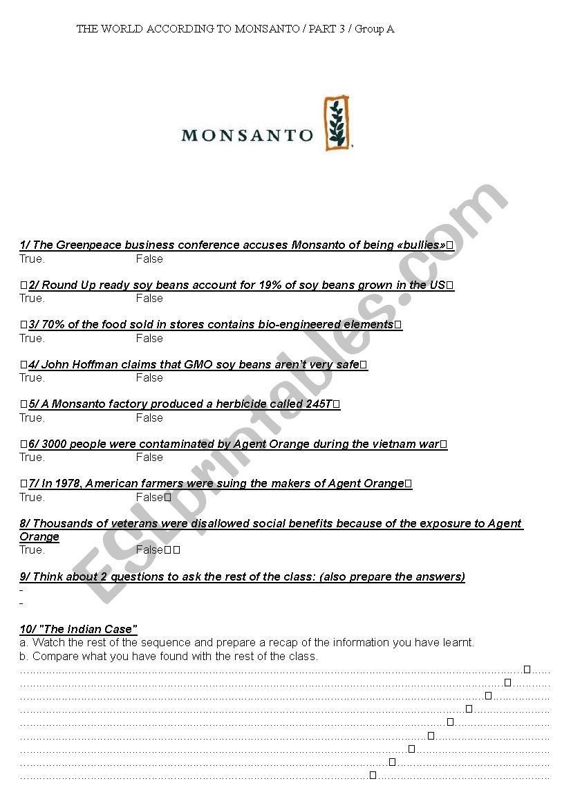 The World According to Monsanto Worksheet Part 3 Group A