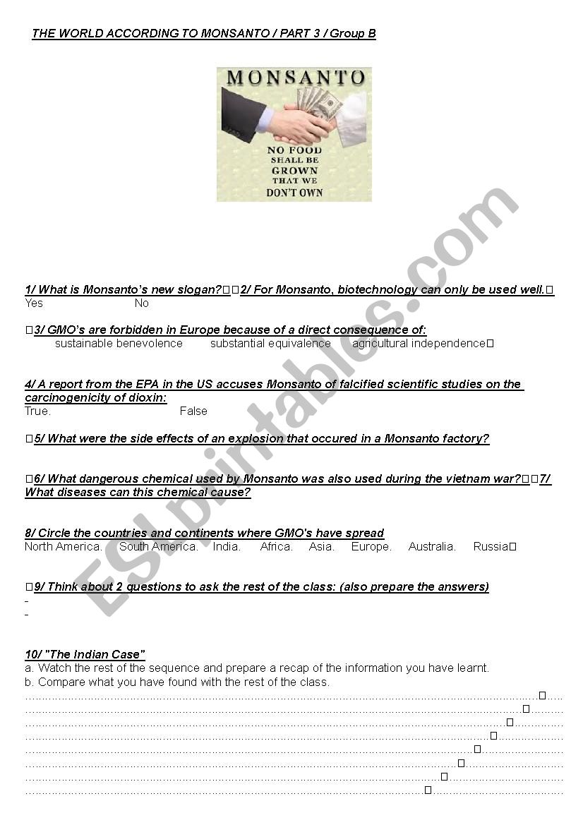 The World According to Monsanto Worksheet Part 3 Group B