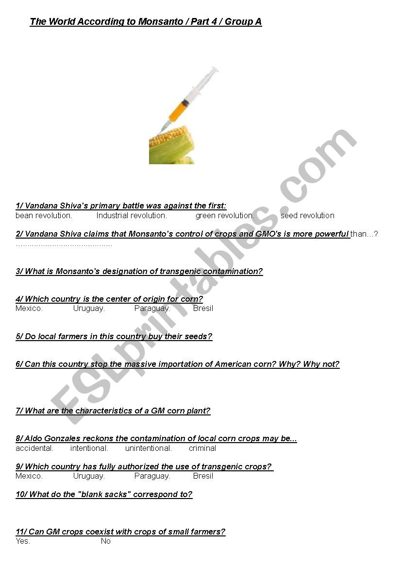 The World According to Monsanto Worksheet Part 4 Group A