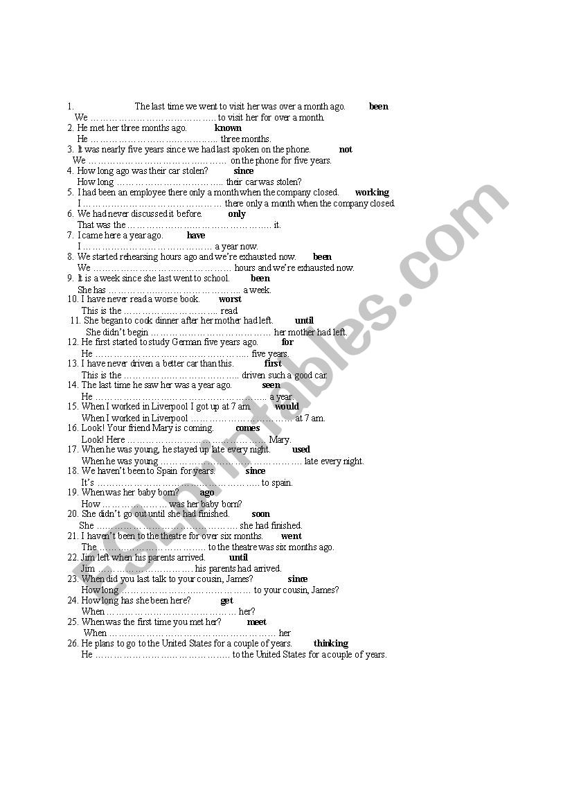 Key word transformation worksheet