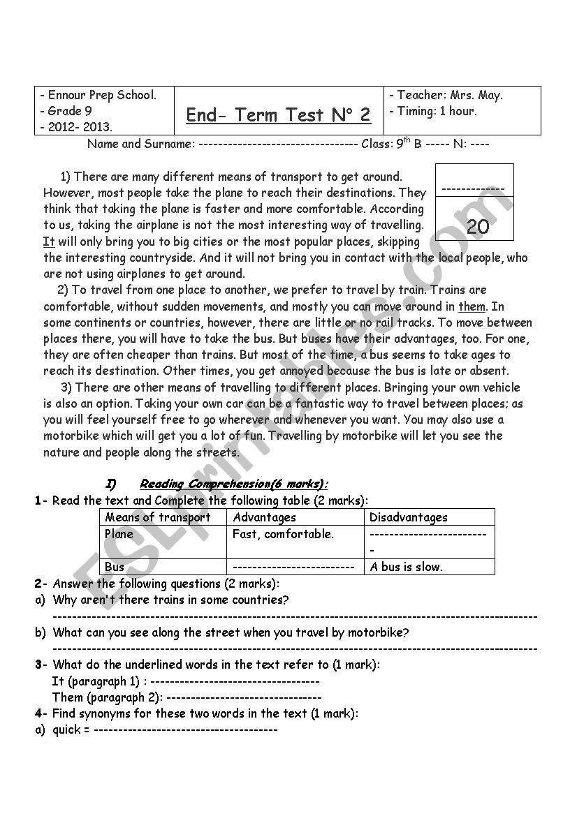 9th end-term test n 2 worksheet