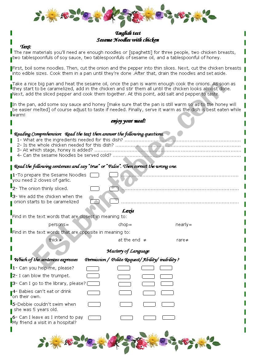 Sesame Noodles with chicken worksheet