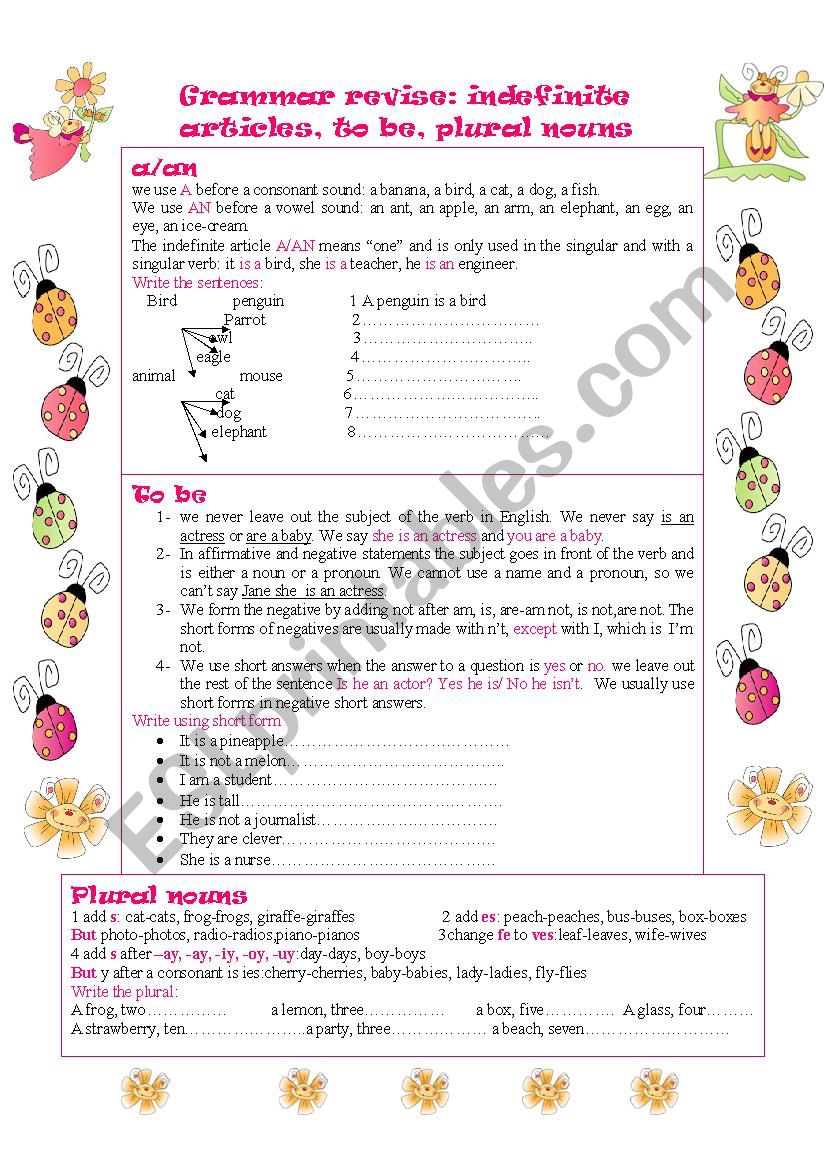 Grammar revise:indefinite artcles, to be, plural nouns