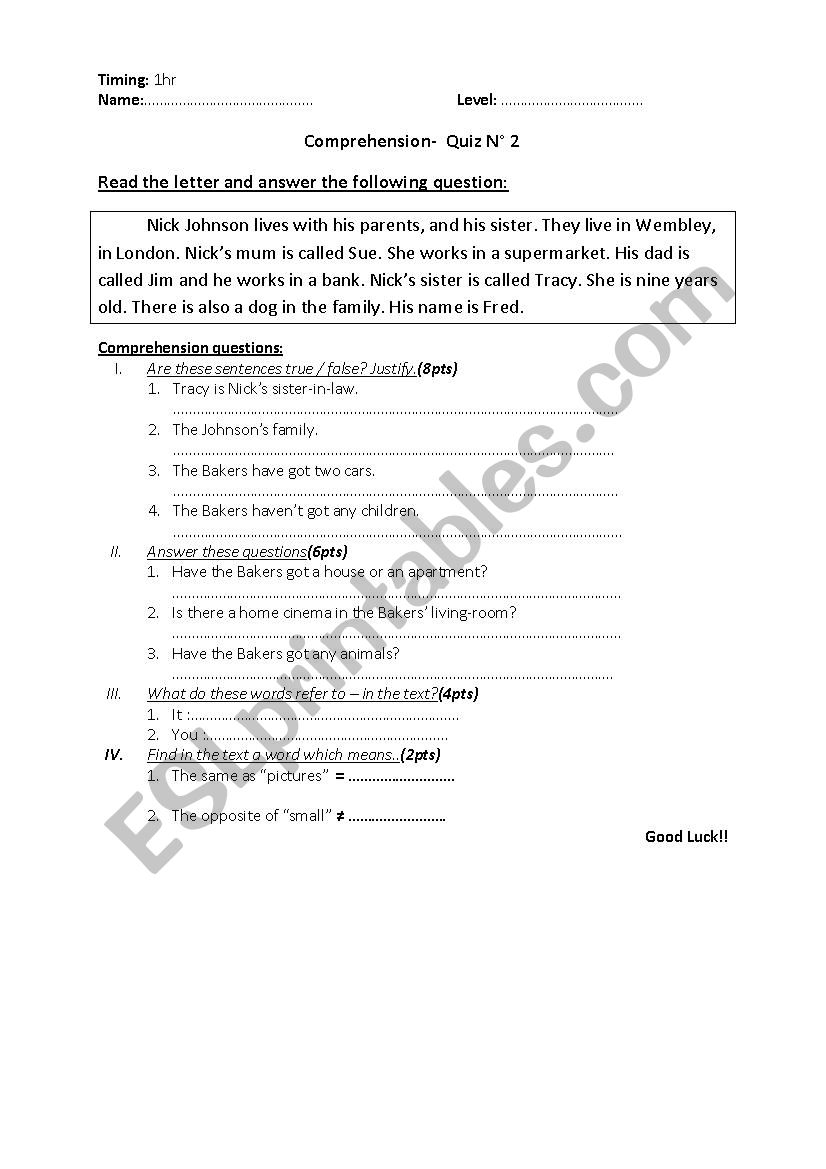 Comprehension quiz worksheet