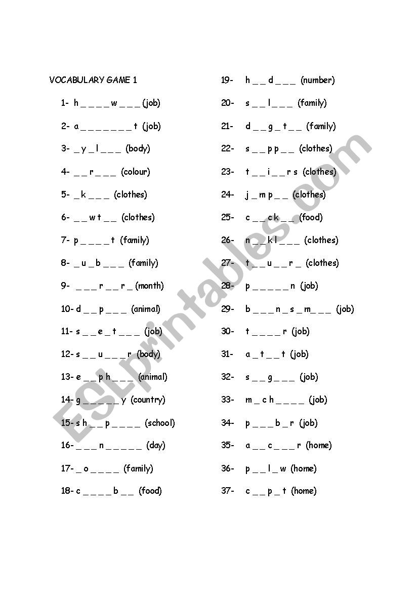 Vocabulary Revision Game 1 worksheet