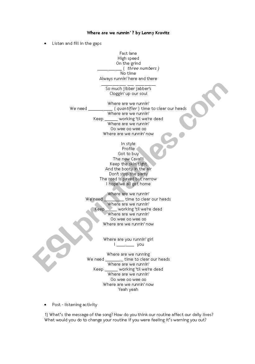 Where are we runnin´ worksheet
