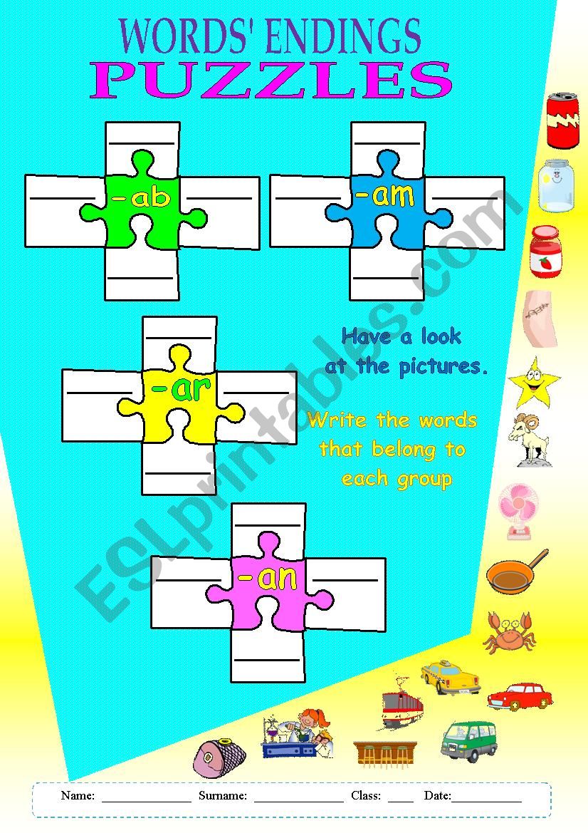 Word endings puzzle worksheet