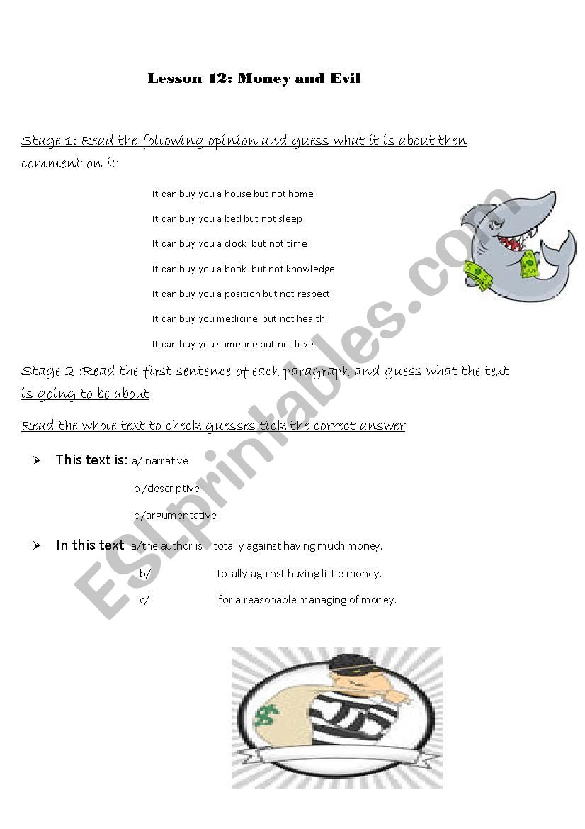 Money and Evil worksheet