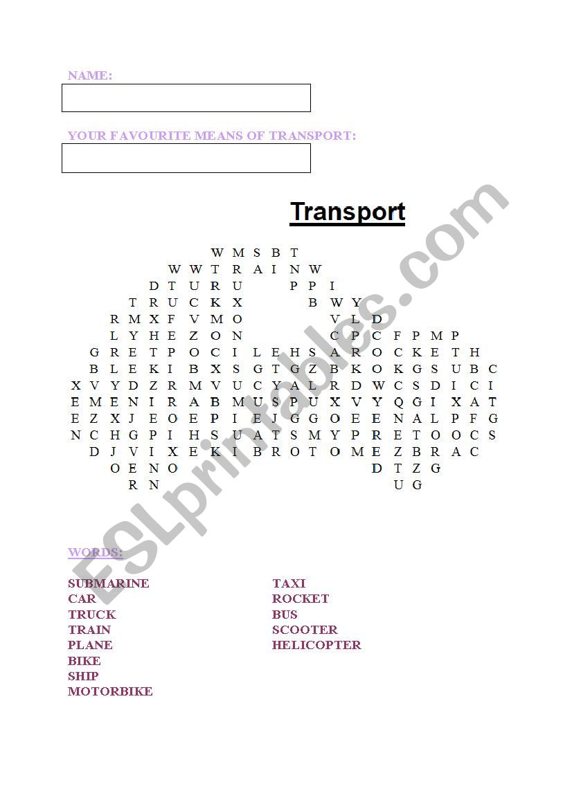 Word search TRANSPORT worksheet