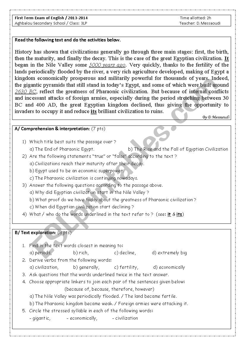 First Term Exam of English (2013-2014 / Level 3LP) 