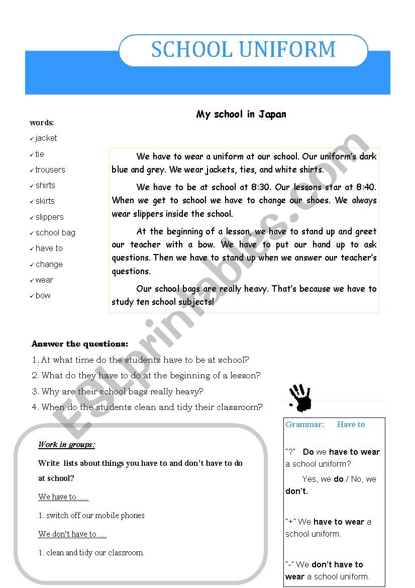 School Uniform worksheet