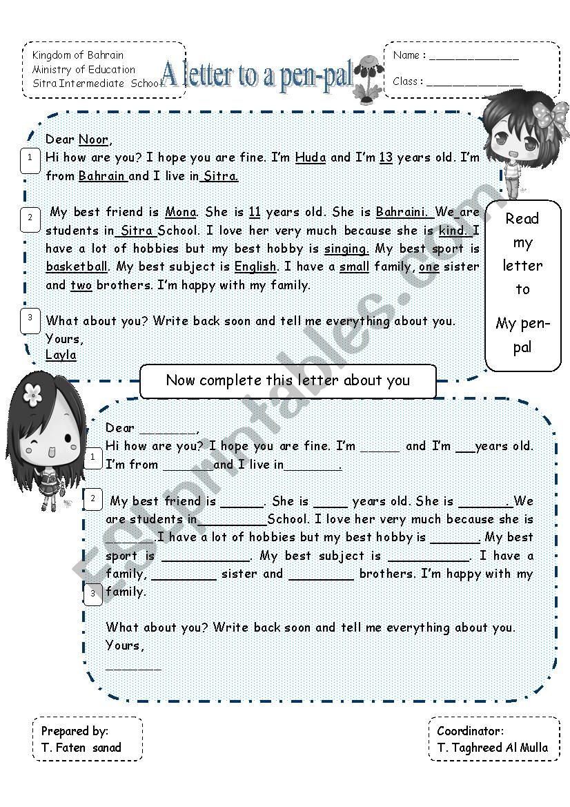 A letter to a pen-pal worksheet