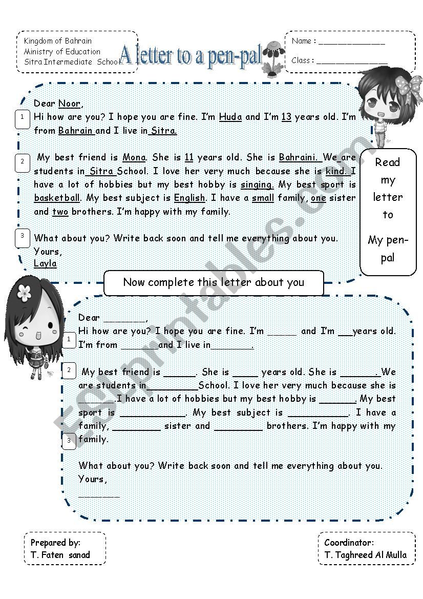 A letter to a pen-pal worksheet