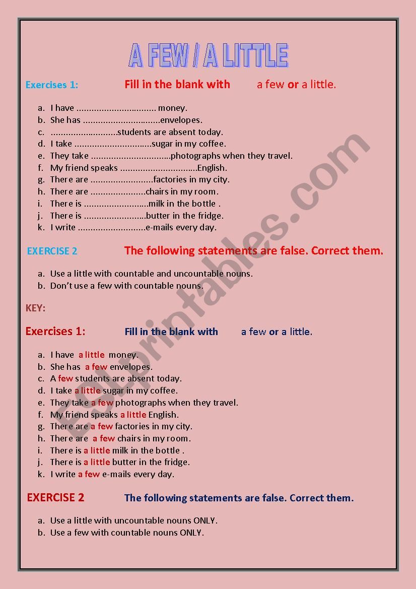 a few / a little worksheet