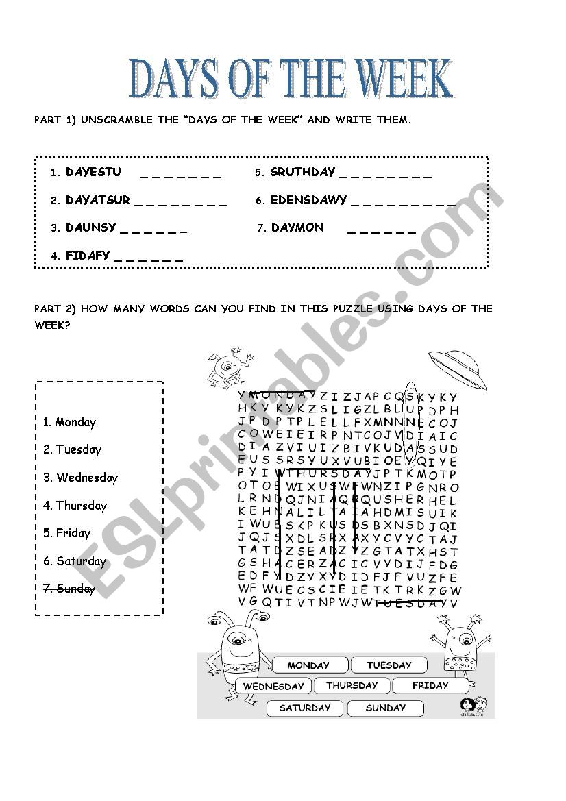 days of the week worksheet