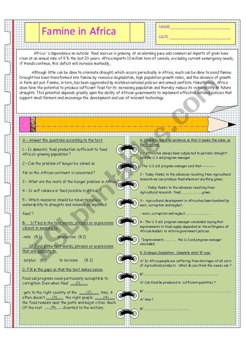 famine in Africa  worksheet