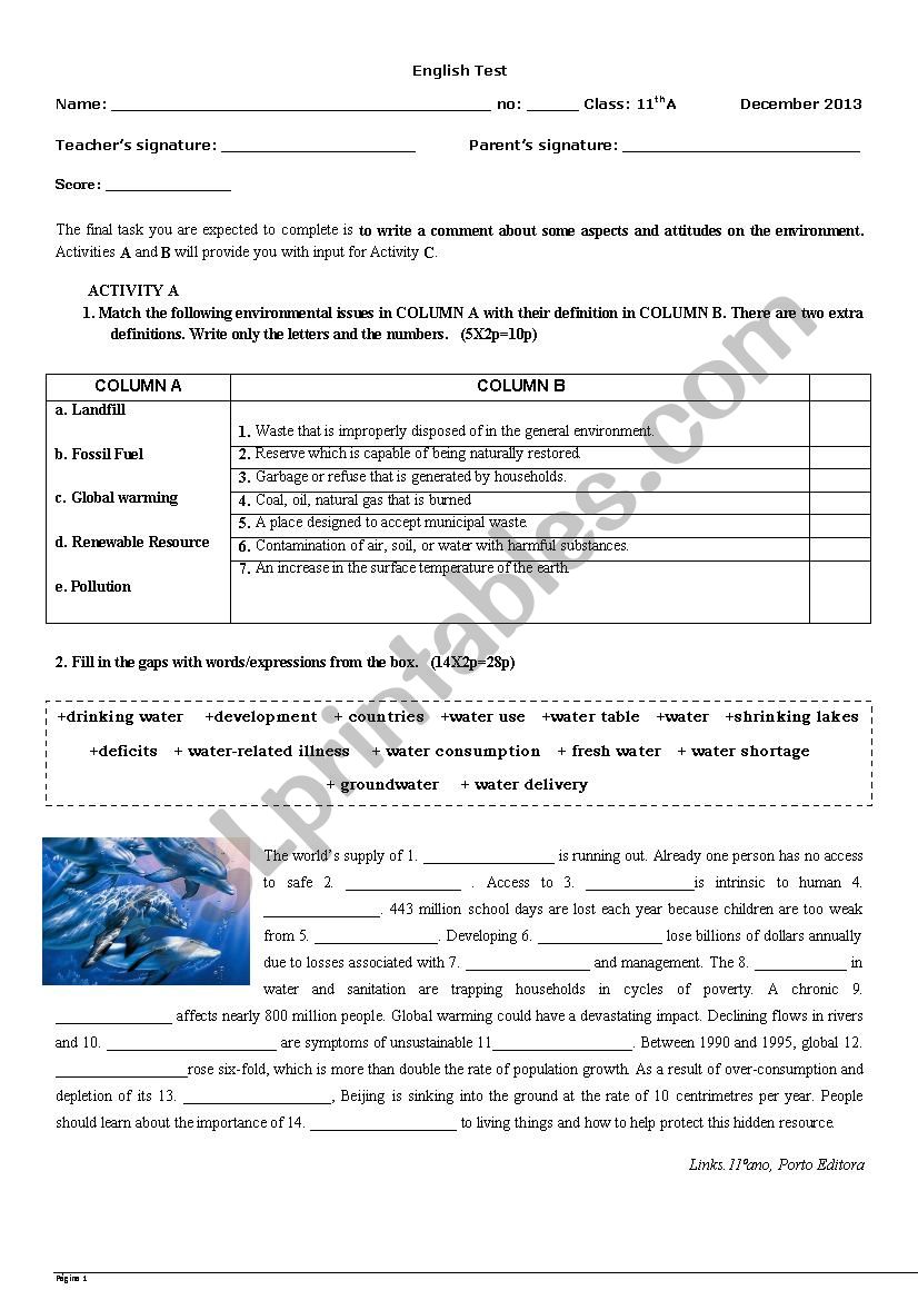 Test on Environment 11th form worksheet