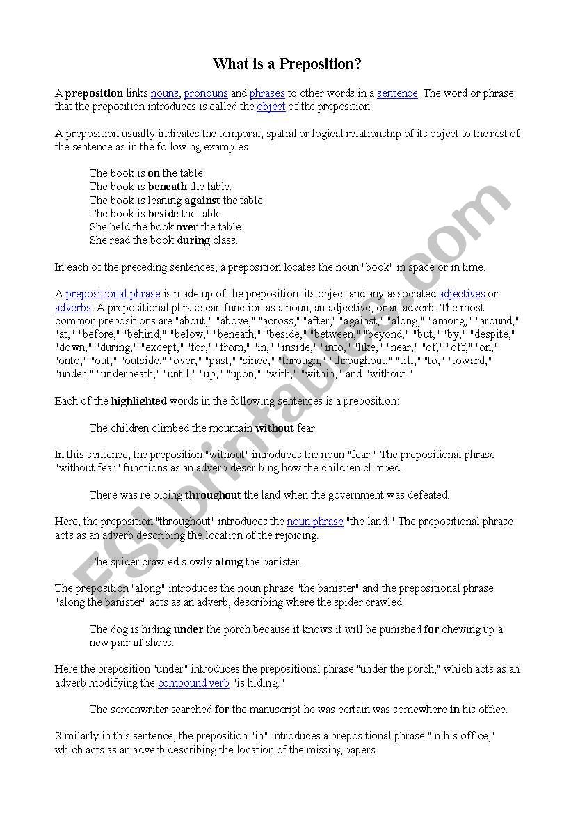 Prepositions worksheet
