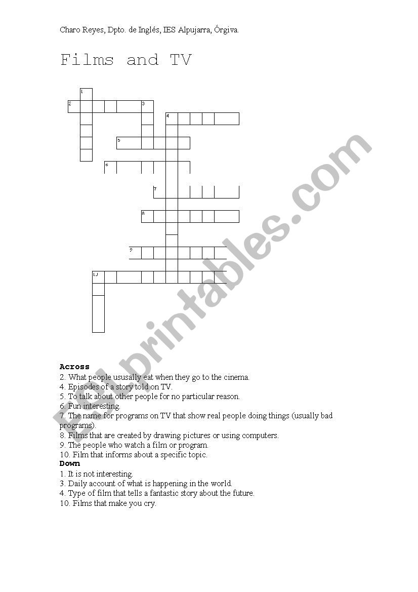 TV and Films Crossword worksheet