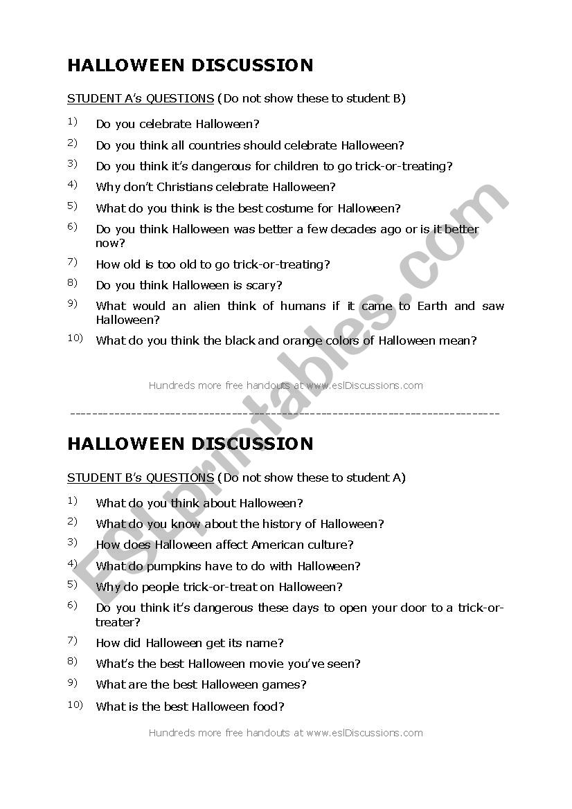 halloween discussions worksheet