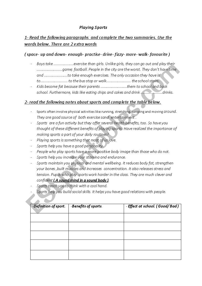 playing sports worksheet