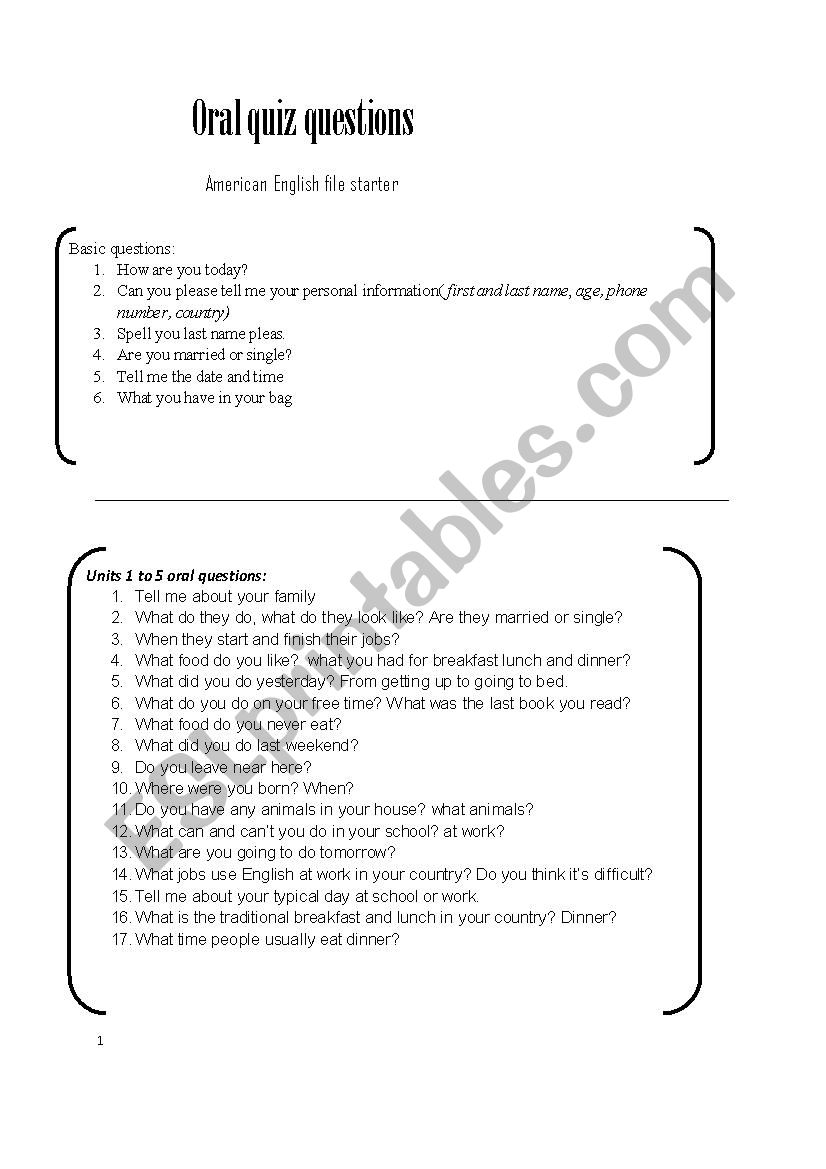 oral exam guide starter worksheet