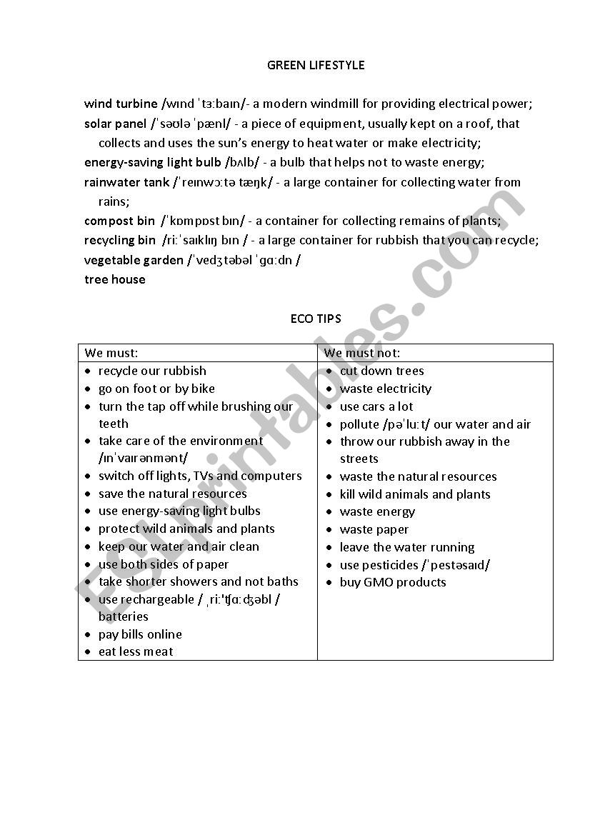 Green lifestyle worksheet