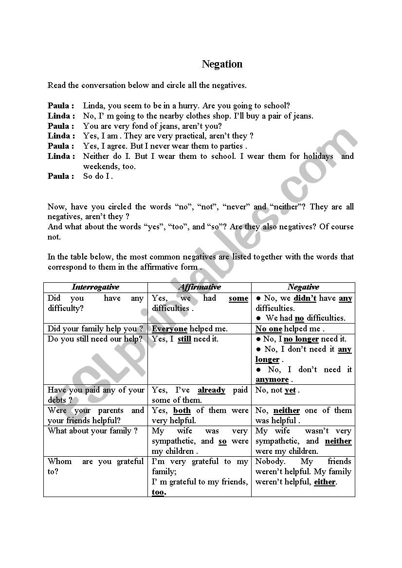 Negation worksheet