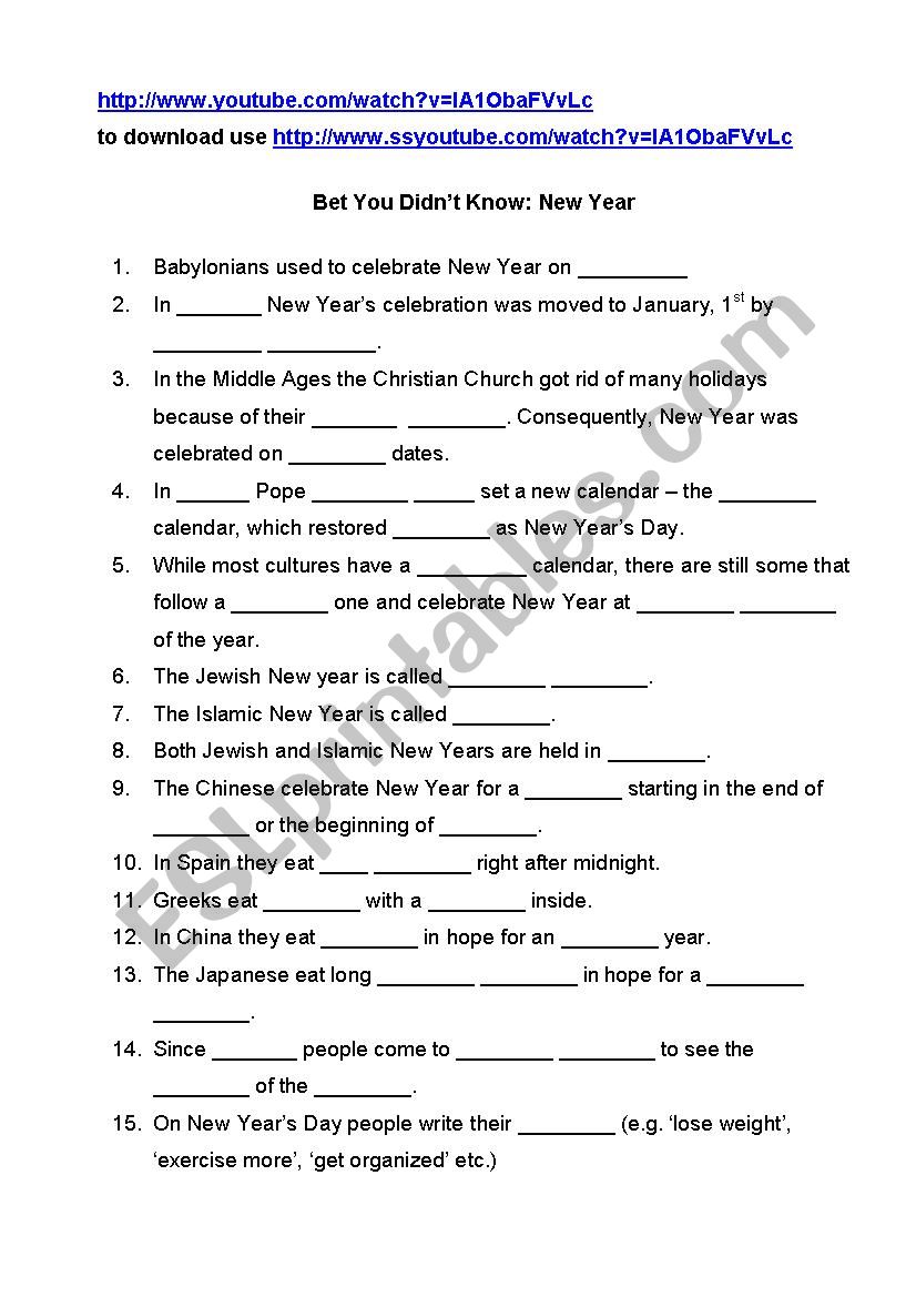 New Years Bet You didnt Know worksheet