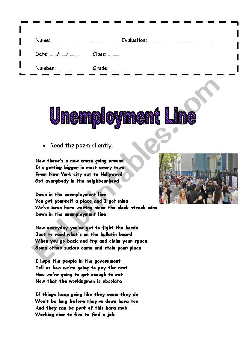 Unemployment Line worksheet