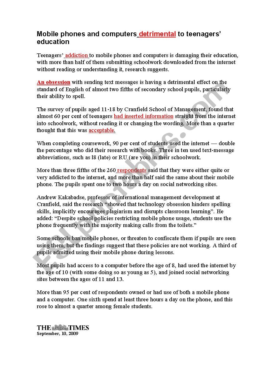 Mobile phones and computers detrimental to teenagersâ€™ education