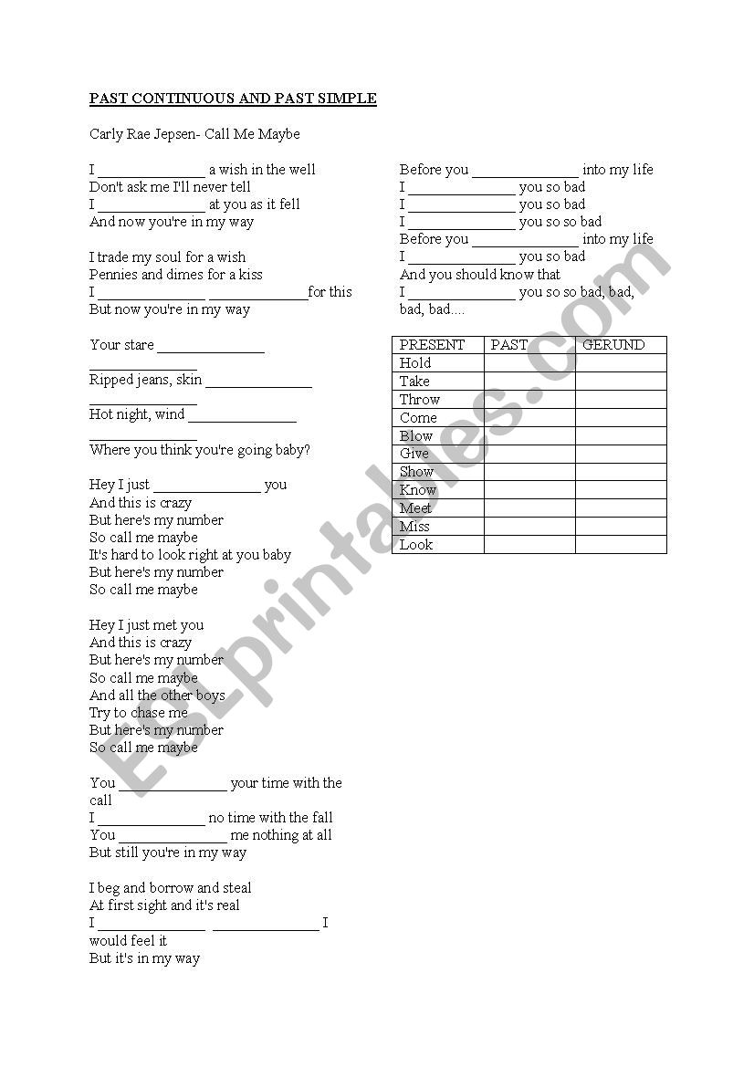 Call Me Maybe Gap Fill worksheet