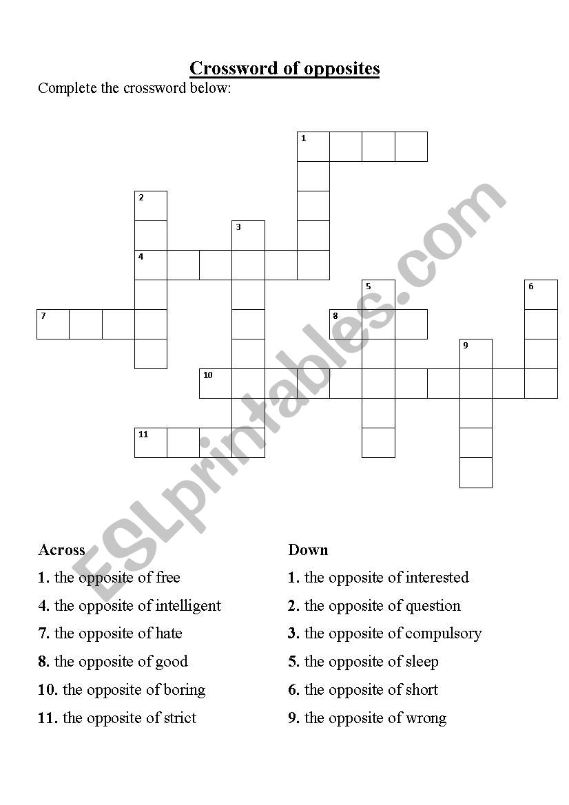 crossword ofopposites worksheet
