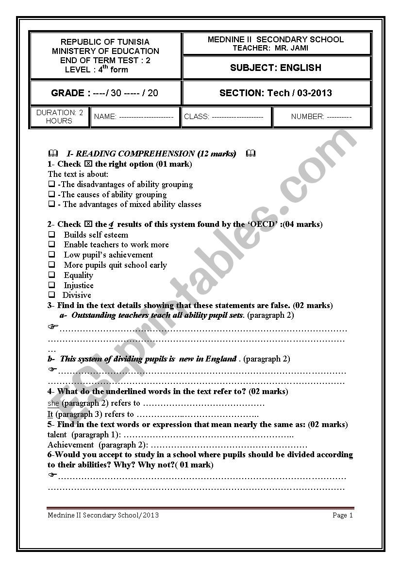 END OF TERM TEST 4TH FORM worksheet