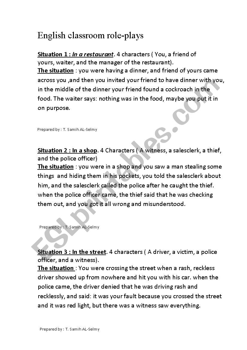 English classroom role-plays worksheet