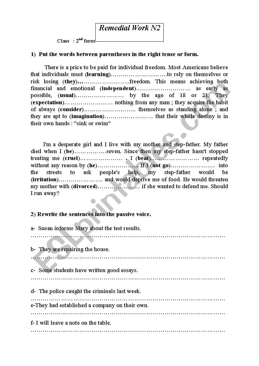 remedial work worksheet