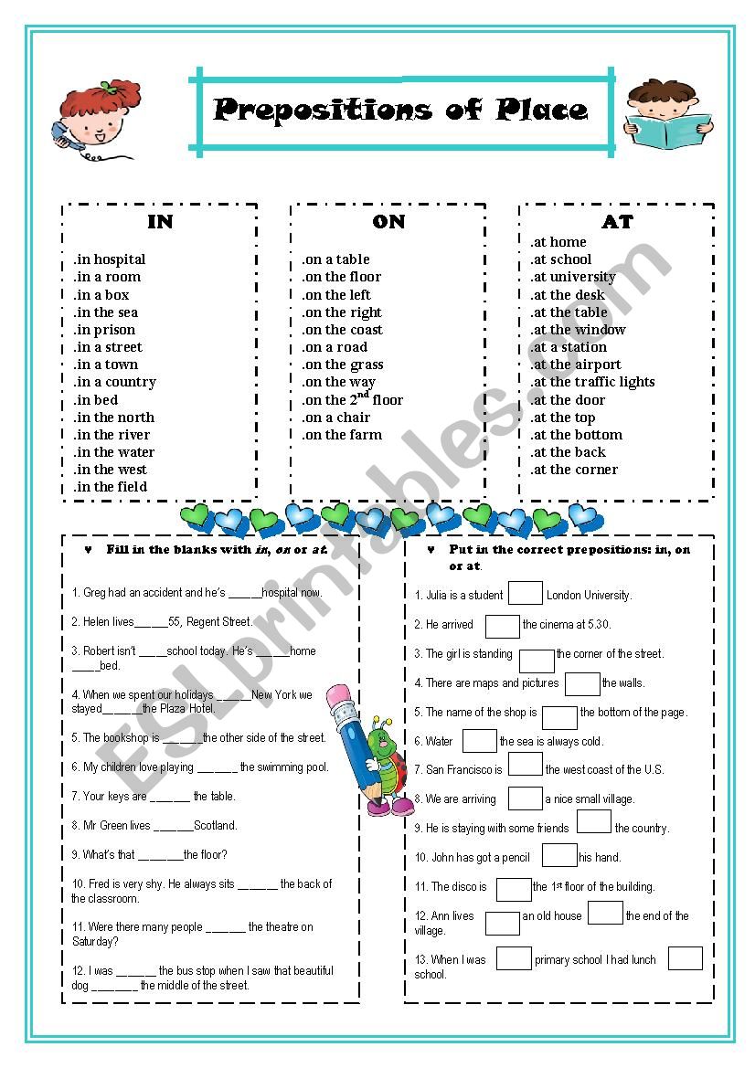 Prepositions of place worksheet